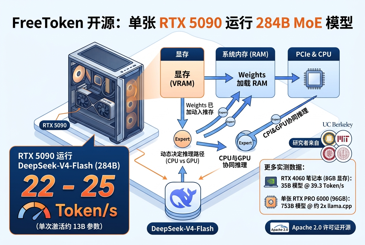 FreeToken 开源:单张 RTX 5090 运行 DeepSeek-V4-Flash,最高 25 Token/s