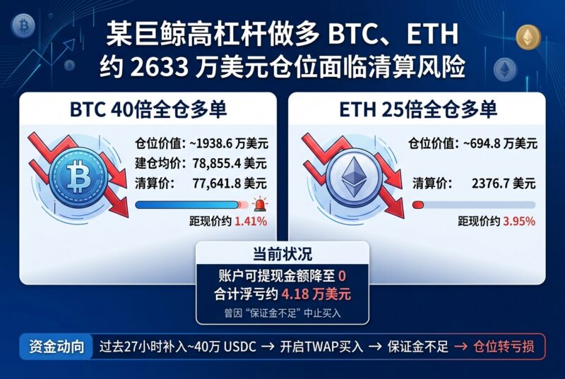 某巨鲸高杠杆做多 BTC、ETH，约 2633 万美元仓位面临清算风险-指挥使社区 - 真实线索、热点议题与深度观察