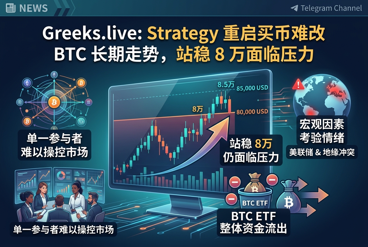 Greeks.live:Strategy 重启买币难改 BTC 长期走势,站稳 8 万美元仍面临压力