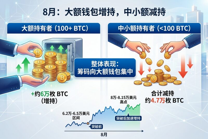 8月仅大额钱包增持约6万枚 BTC，小额持有者持续减持-指挥使社区 - 真实线索、热点议题与深度观察