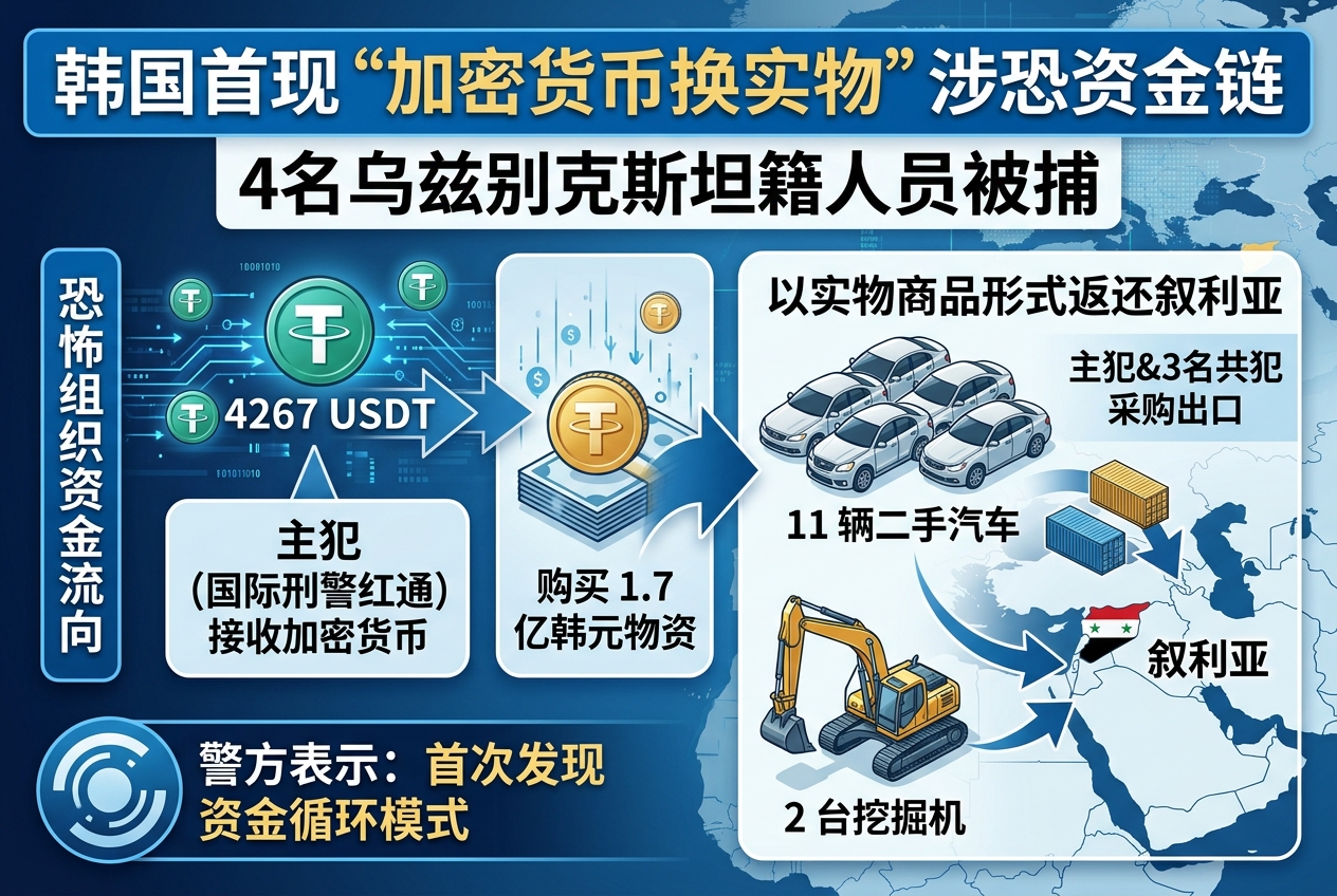 韩国首现“加密货币换实物”涉恐资金链：4名乌兹别克斯坦籍人员被捕