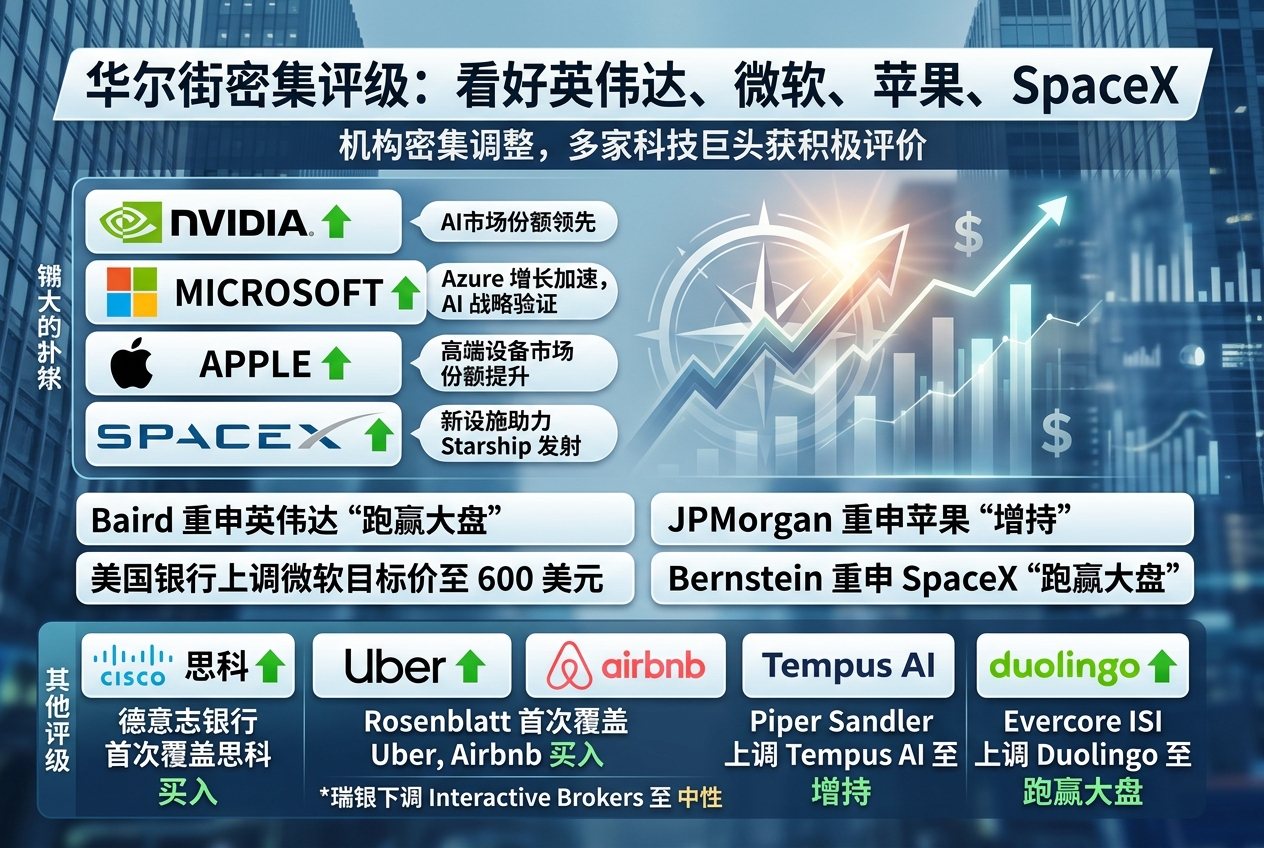 华尔街机构密集调整评级:英伟达、微软、苹果、SpaceX 等获看好