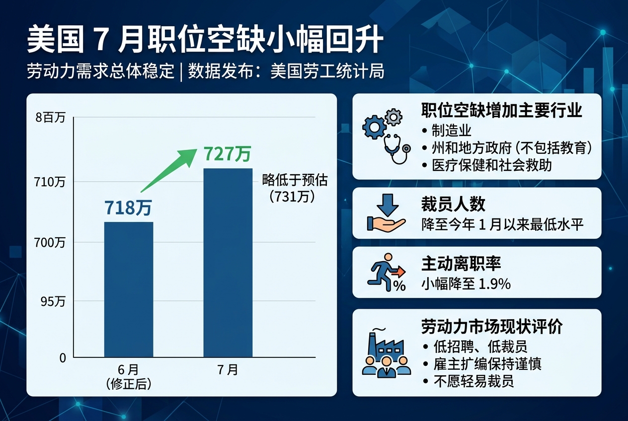 美国 7 月职位空缺小幅回升,劳动力需求总体稳定