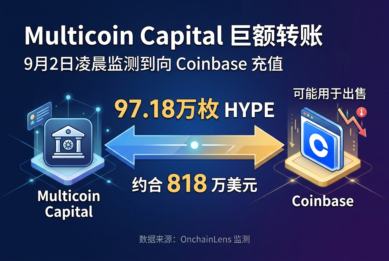 Multicoin Capital 向 Coinbase 转入 97.18 万枚 HYPE,约合 818 万美元