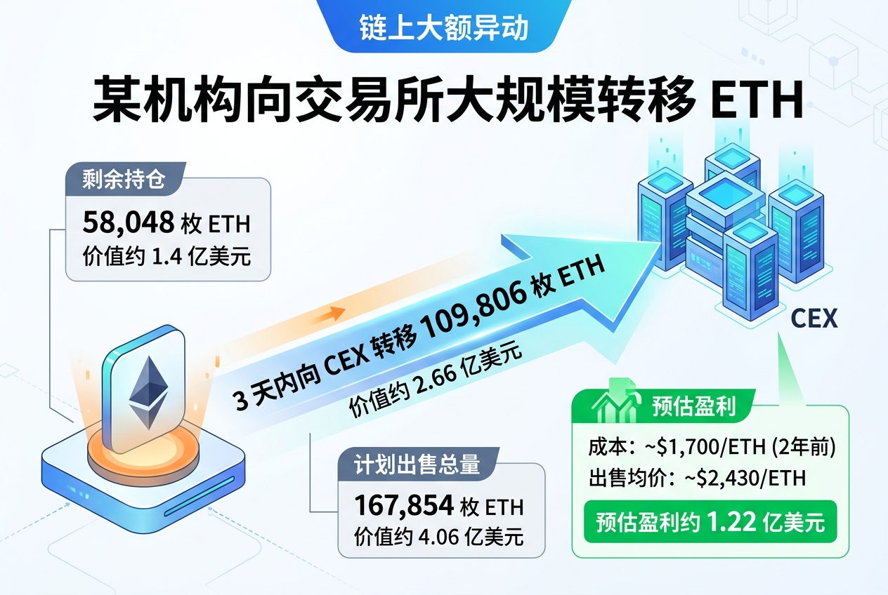 某机构 3 天内向 CEX 转移 109,806 枚 ETH