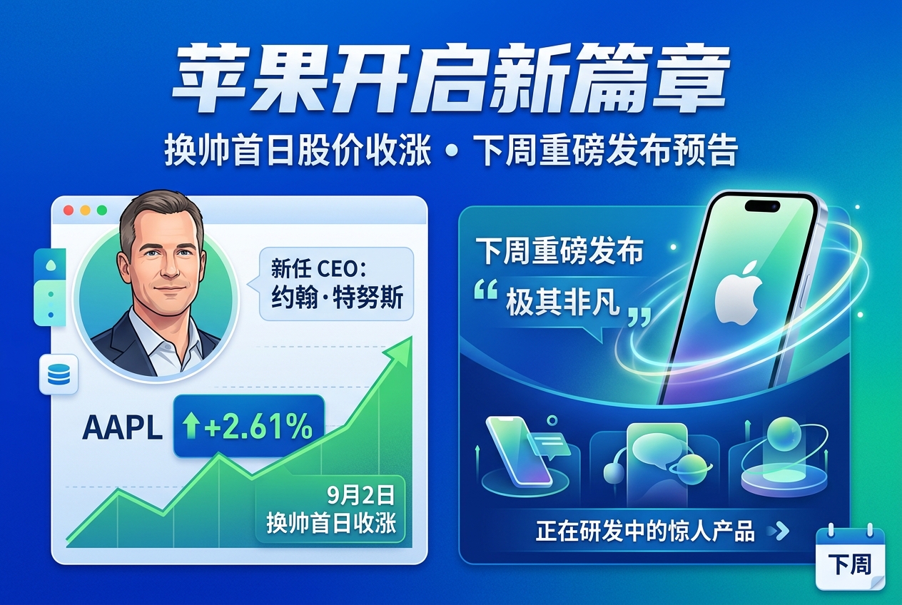 苹果换帅首日股价收涨,新任 CEO 预告下周重磅发布
