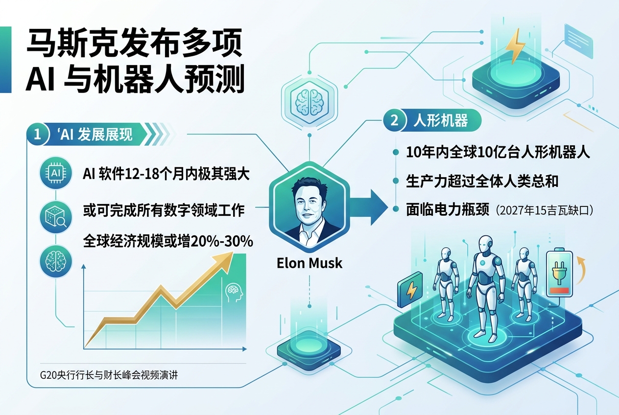 马斯克发布多项 AI 与机器人预测