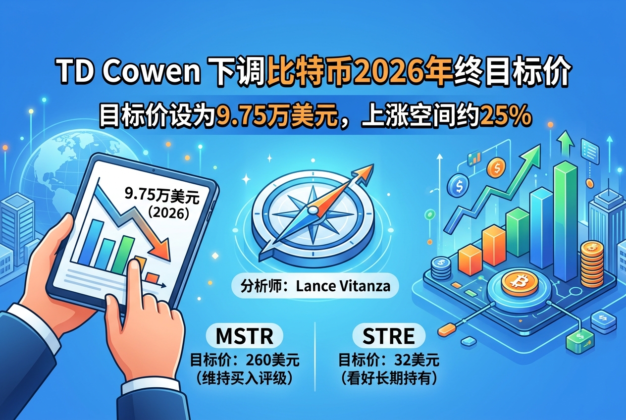 TD Cowen 下调比特币 2026 年底目标价至 9.75 万美元