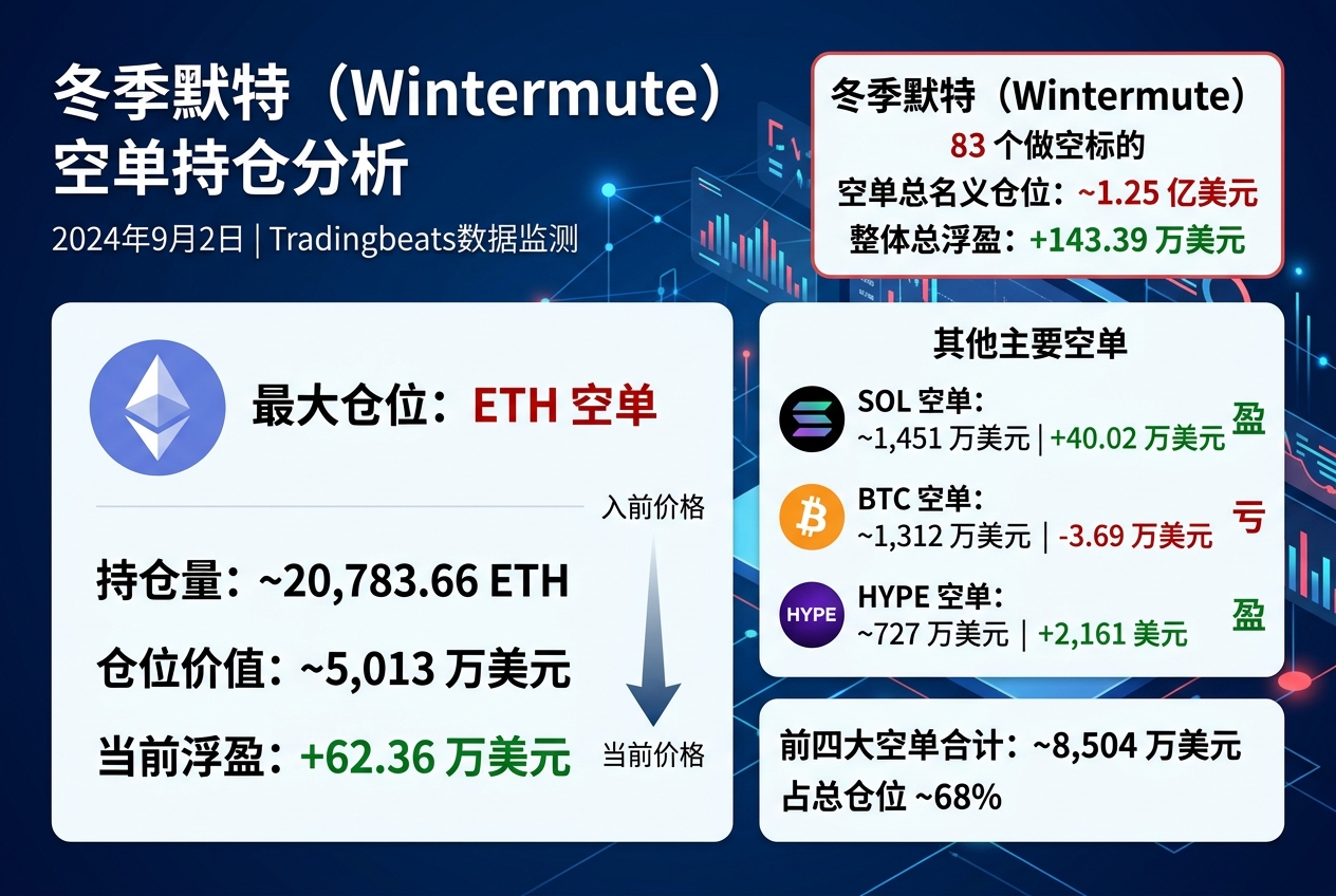 Wintermute 持有约 1.25 亿美元空单,83 个标的总浮盈约 143 万美元