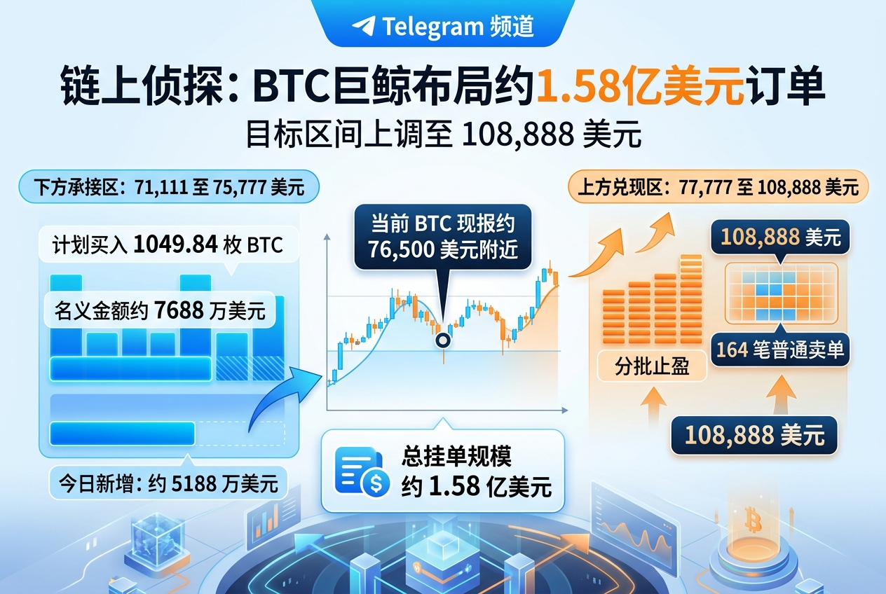 链上侦探:BTC 巨鲸提前铺设约 1.58 亿美元订单,目标区间延伸至 108,888 美元