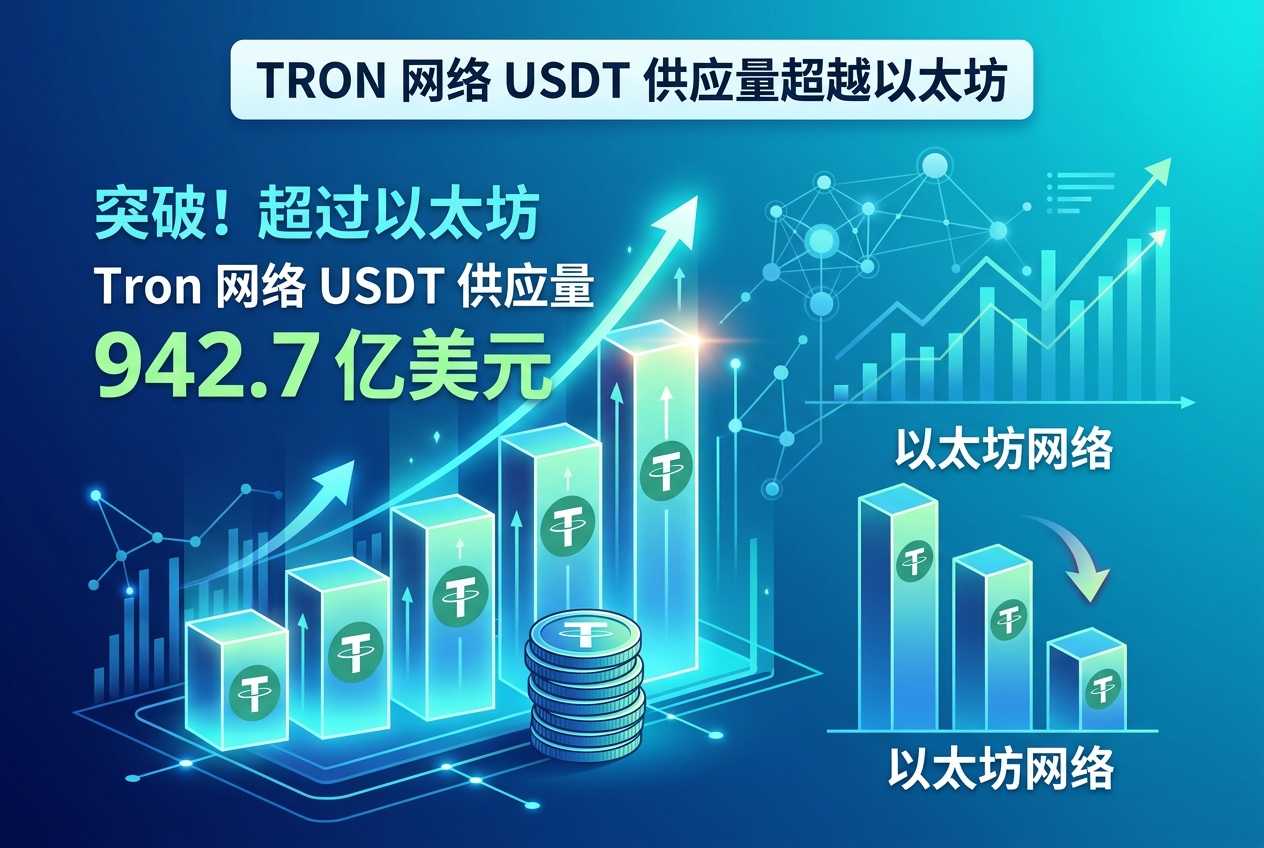 Tron 网络 USDT 供应量增至 942.7 亿美元,超过以太坊网络