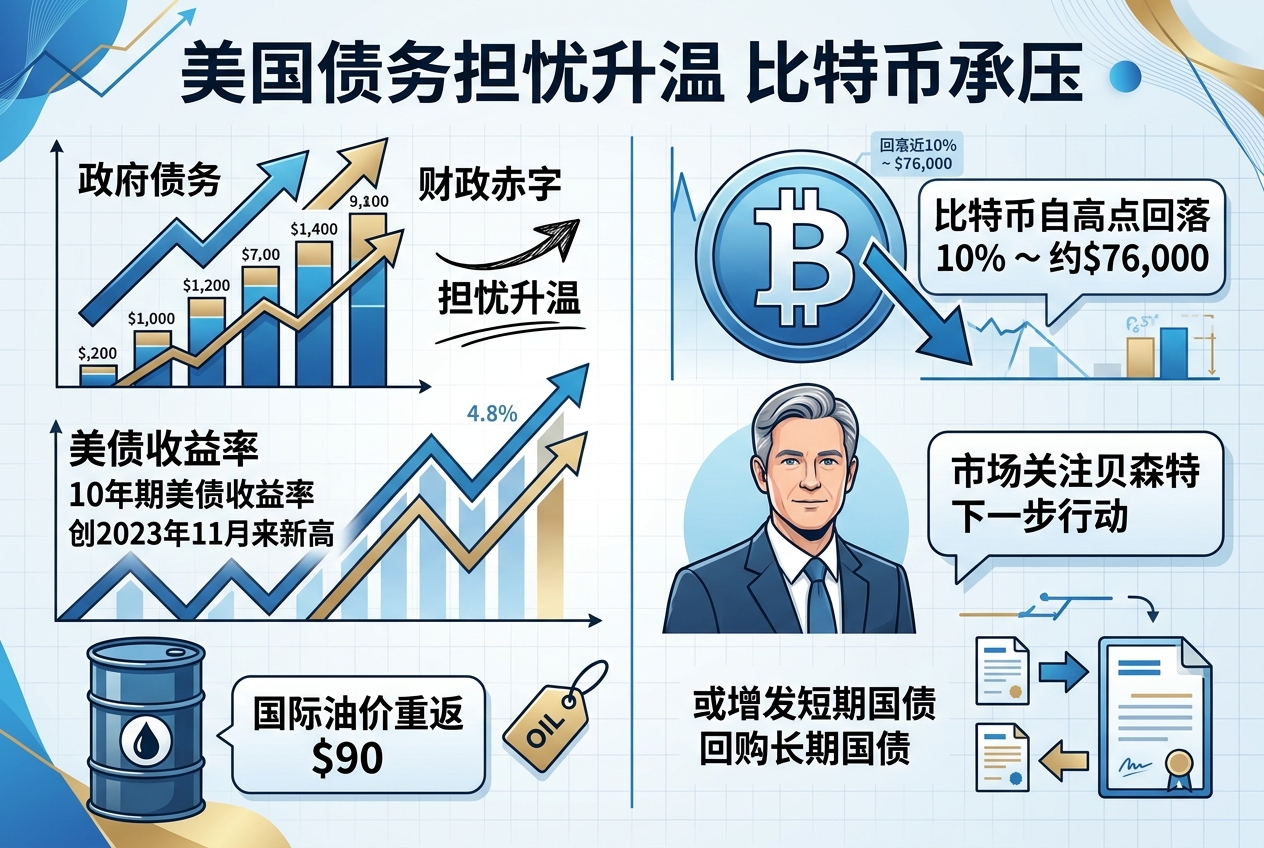 美国债务及财政赤字担忧升温,比特币承压回落