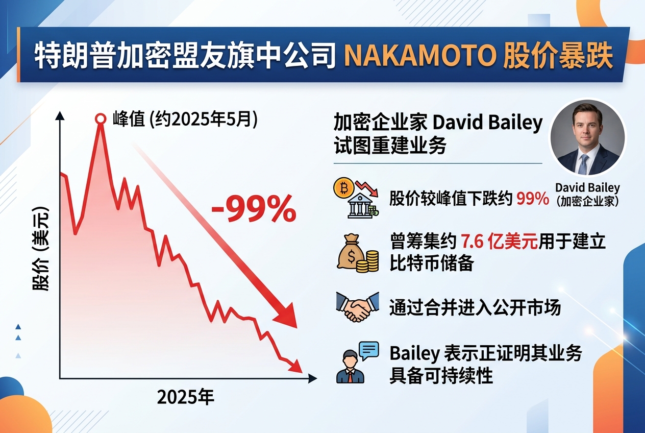 特朗普加密盟友 David Bailey 旗下 Nakamoto 股价较峰值下跌约 99%,正尝试重建业务