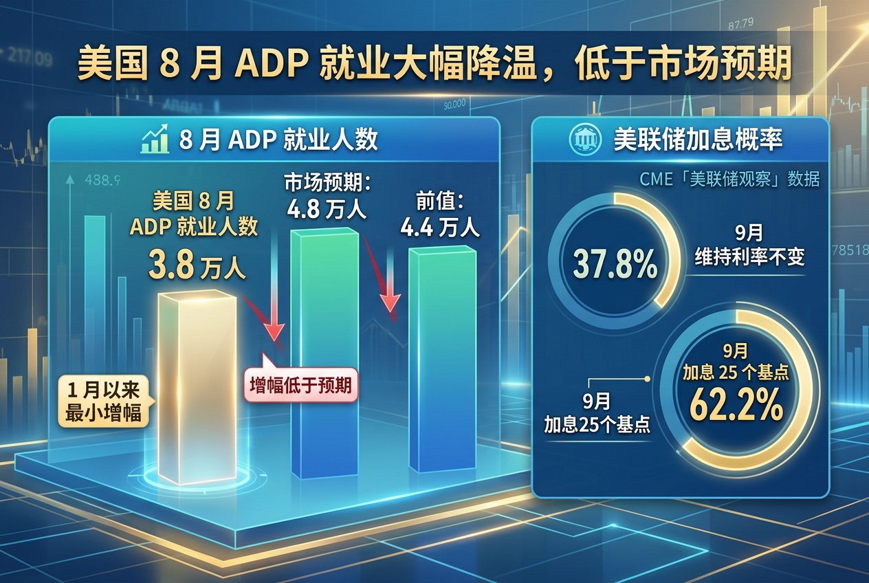 美国 8 月 ADP 就业增幅低于预期