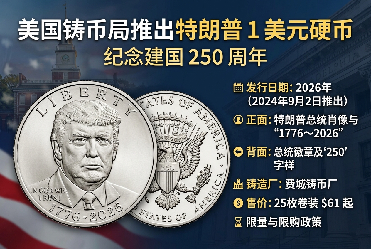 美国铸币局推出特朗普 1 美元硬币,纪念建国 250 周年