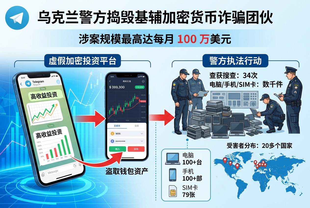 乌克兰警方捣毁基辅加密货币诈骗团伙,涉案规模最高达每月 100 万美元