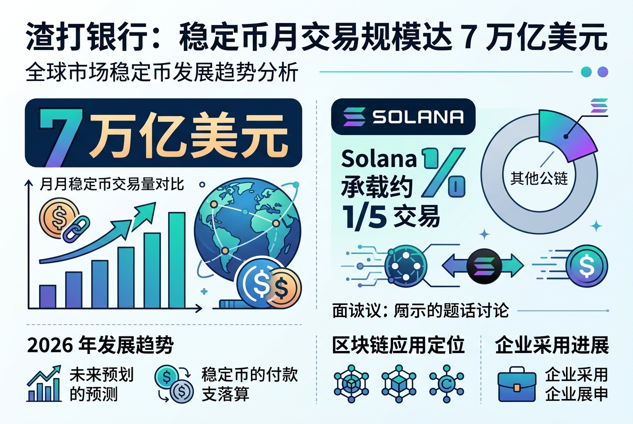 渣打银行:稳定币月交易规模达约 7 万亿美元,Solana 承载约五分之一交易