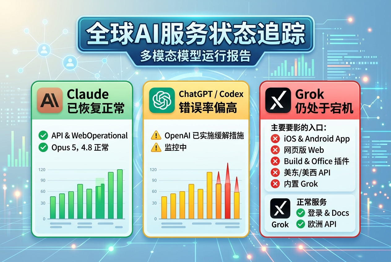 全球AI故障追踪:Claude已恢复,ChatGPT和Codex错误率偏高,Grok仍宕机