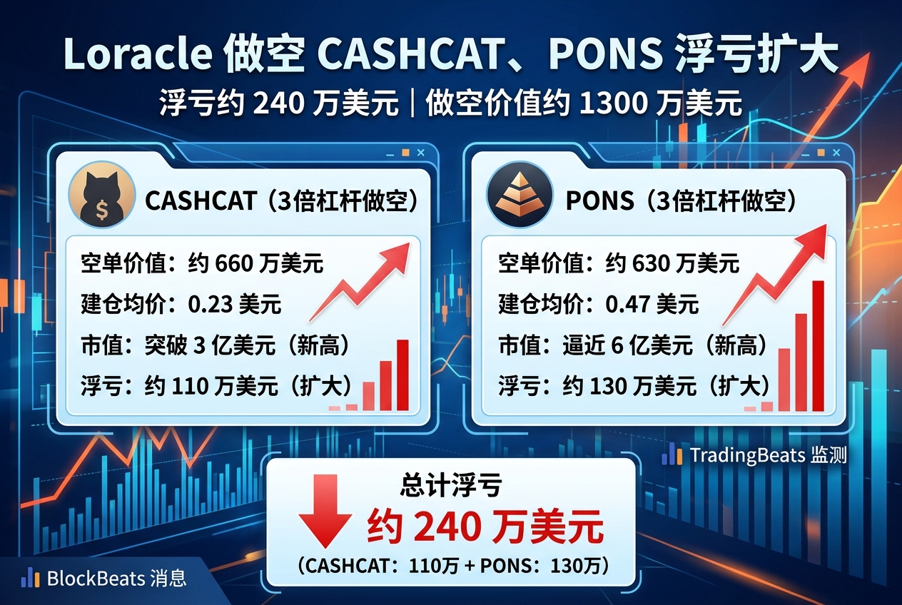 交易员 Loracle 做空 CASHCAT、PONS,浮亏扩大至约 240 万美元