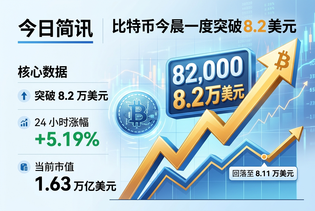 比特币今晨一度突破 8.2 万美元