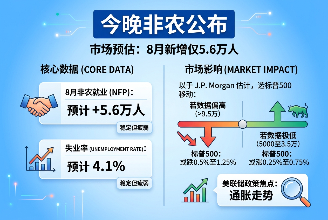 非农今晚公布：市场预计8月仅增5.6万人，摩根大通称标普500或随数据大幅波动