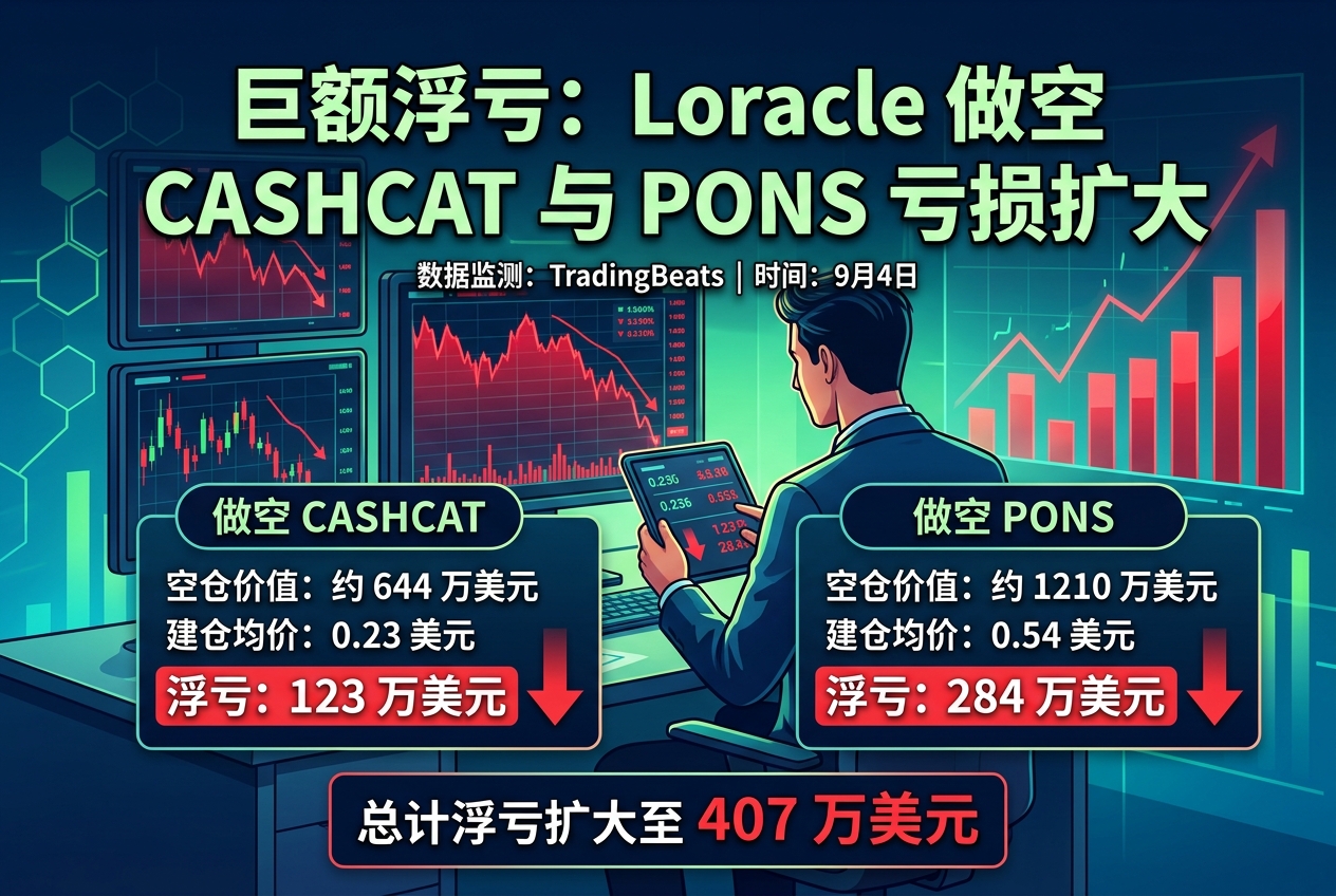 交易员 Loracle 做空 CASHCAT、PONS 浮亏扩大至 407 万美元