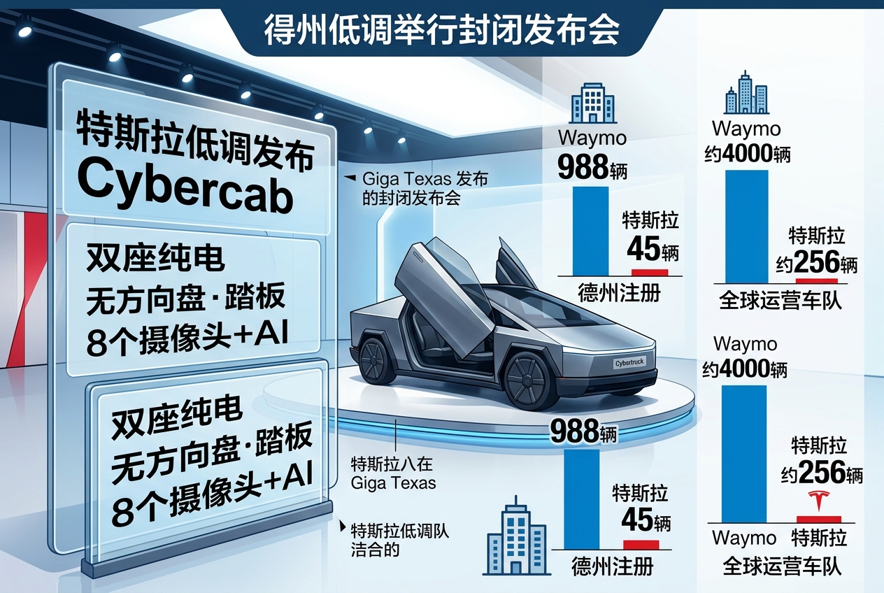 特斯拉低调推出 Cybercab,德州仅注册 45 辆