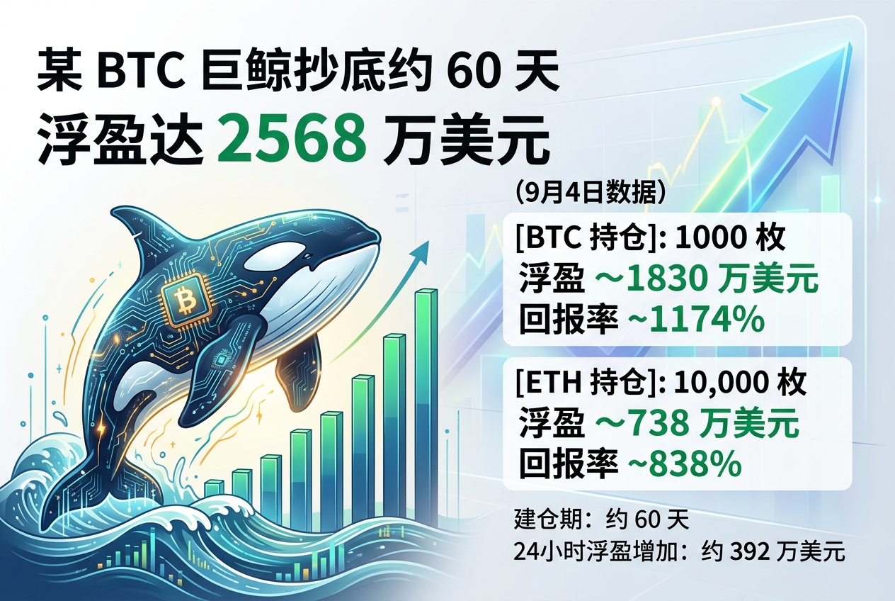 某 BTC 巨鲸抄底约 60 天，浮盈达 2568 万美元