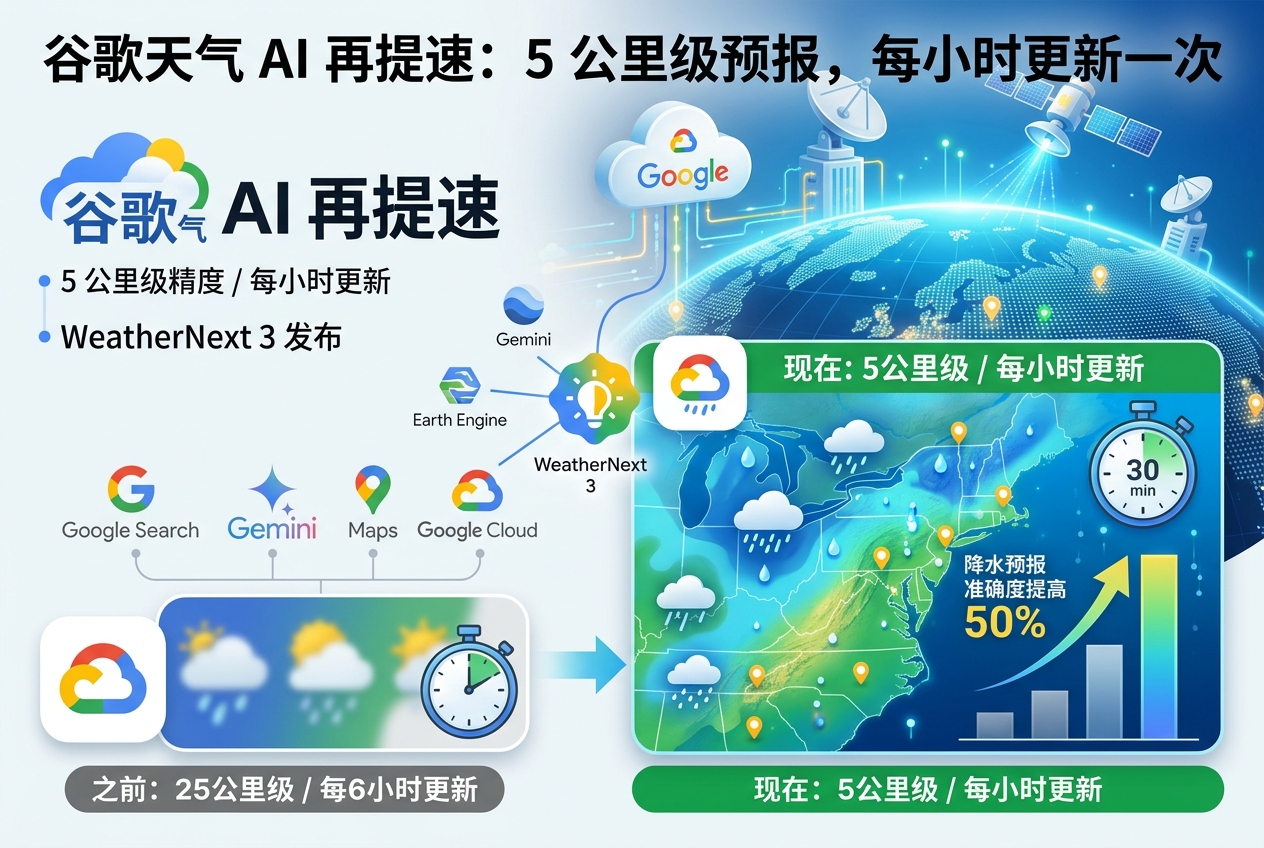谷歌天气 AI 再提速:5 公里级预报,每小时更新一次