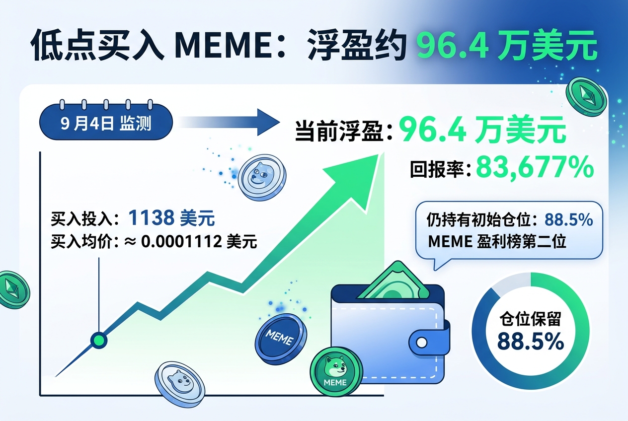 某地址低点买入 MEME,浮盈约 96.4 万美元