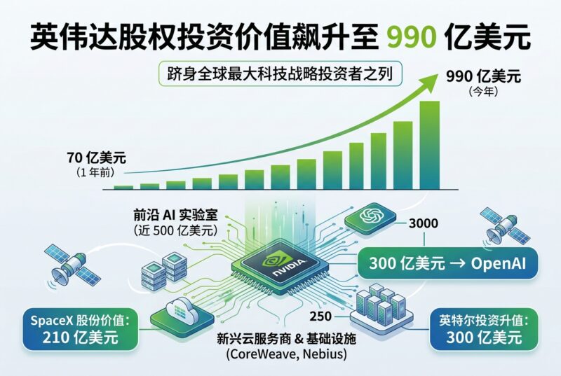 英伟达股权投资价值升至 990 亿美元,跻身全球最大科技战略投资者之列-指挥使社区 - 真实线索、热点议题与深度观察