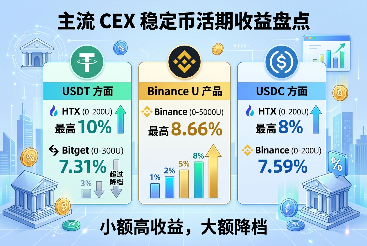 主流 CEX 稳定币活期收益盘点:USDT 小额档最高 10%,Binance U 产品达 8.66%