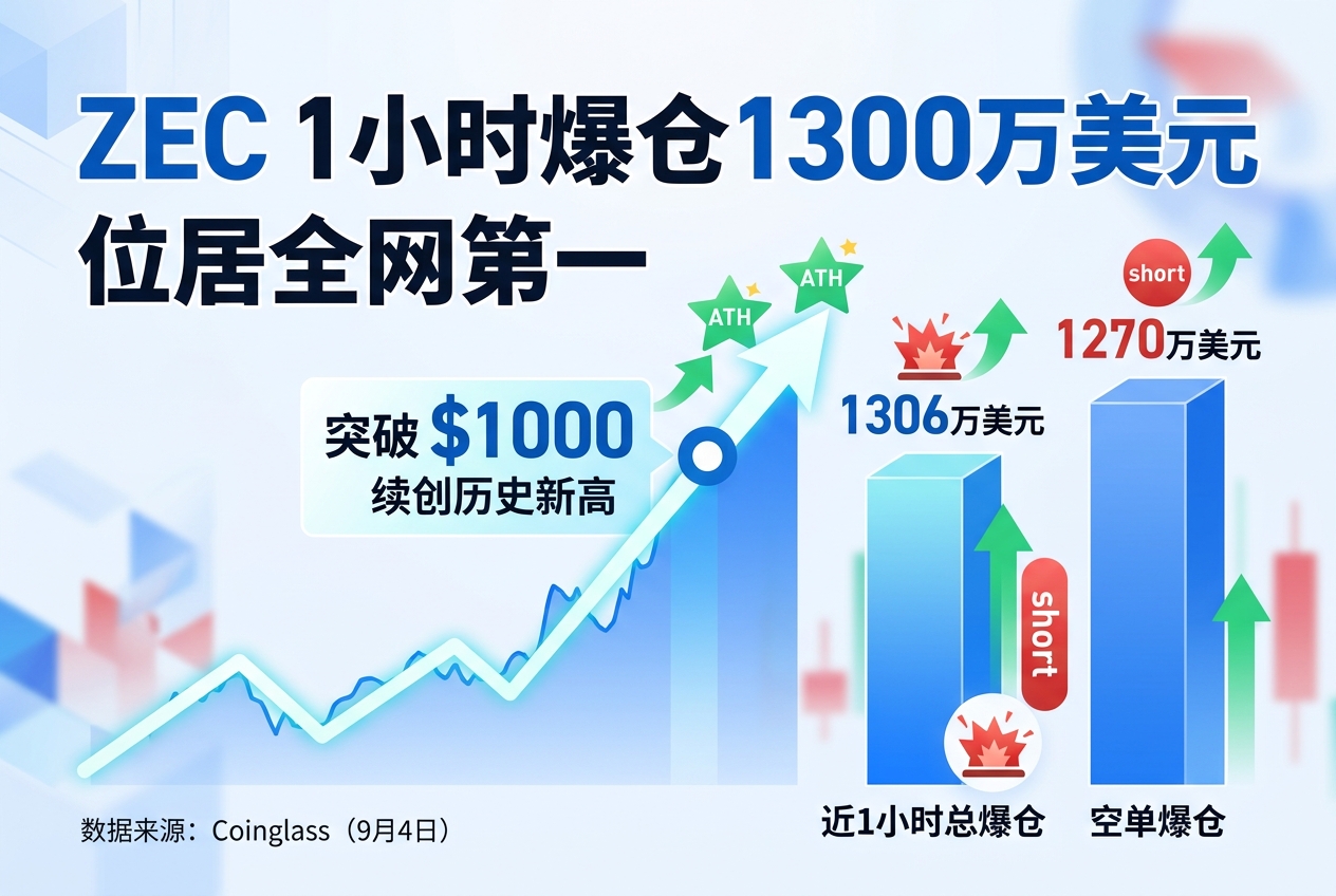 ZEC 近 1 小时爆仓超 1300 万美元,位居全网第一