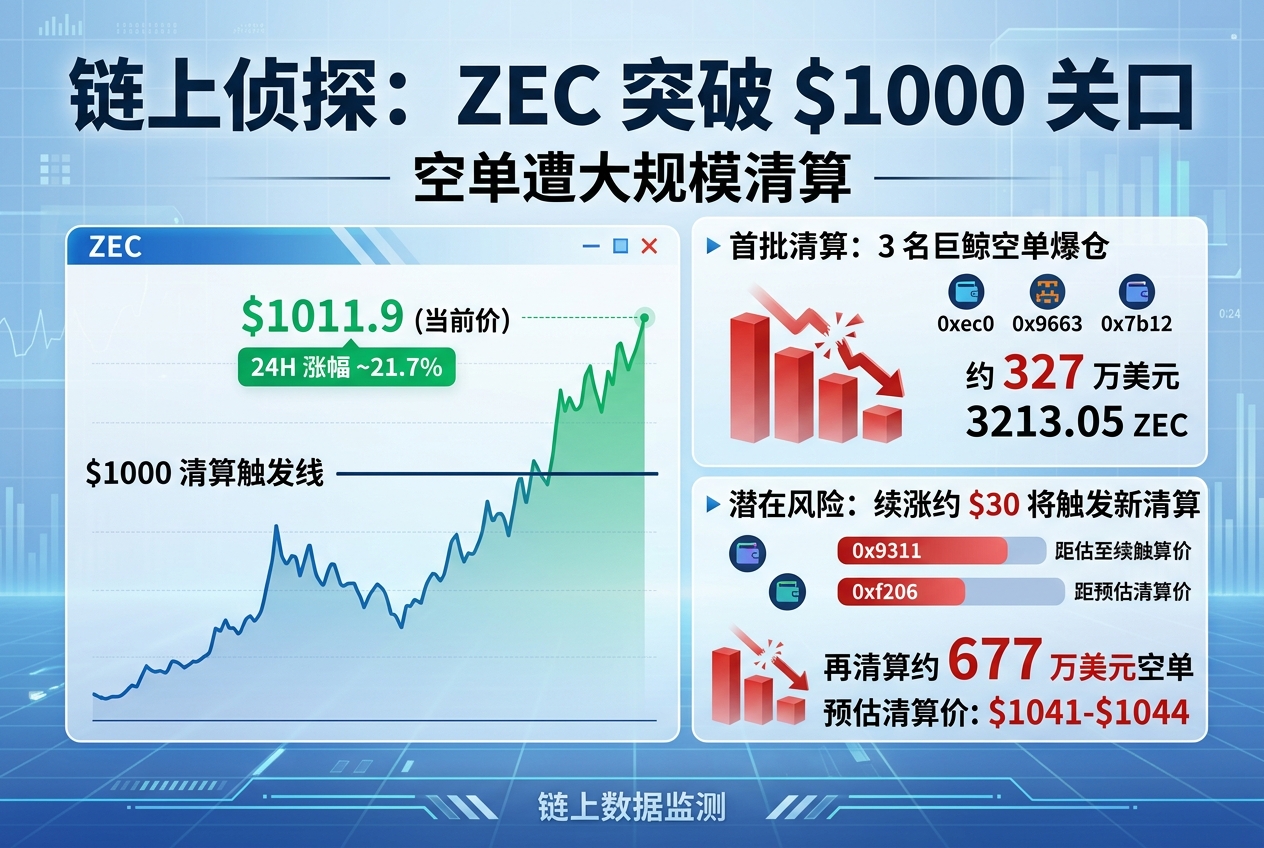 链上侦探｜ZEC突破1000美元，3名巨鲸空单爆仓；若续涨约30美元，或再清算670万美元空单