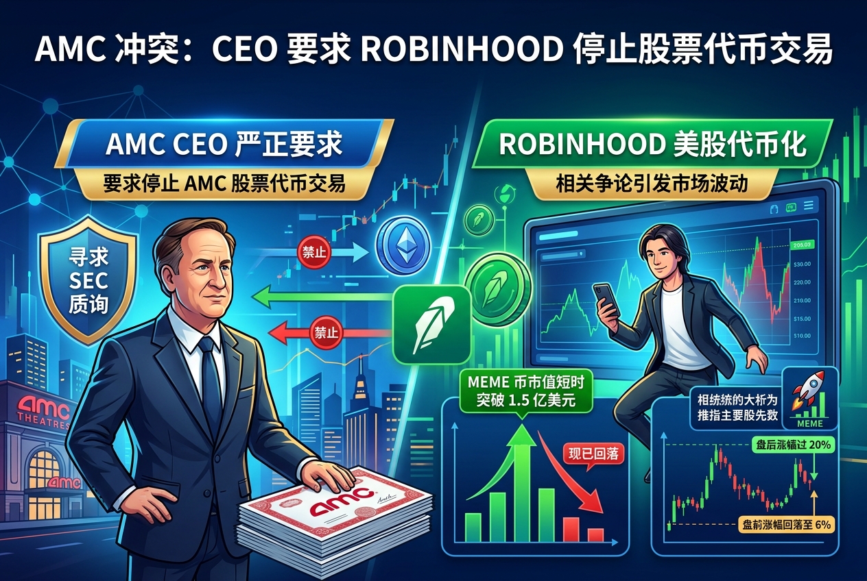 AMC 相关 Meme 币市值短时突破 1.5 亿美元,AMC CEO 要求 Robinhood 停止股票代币交易