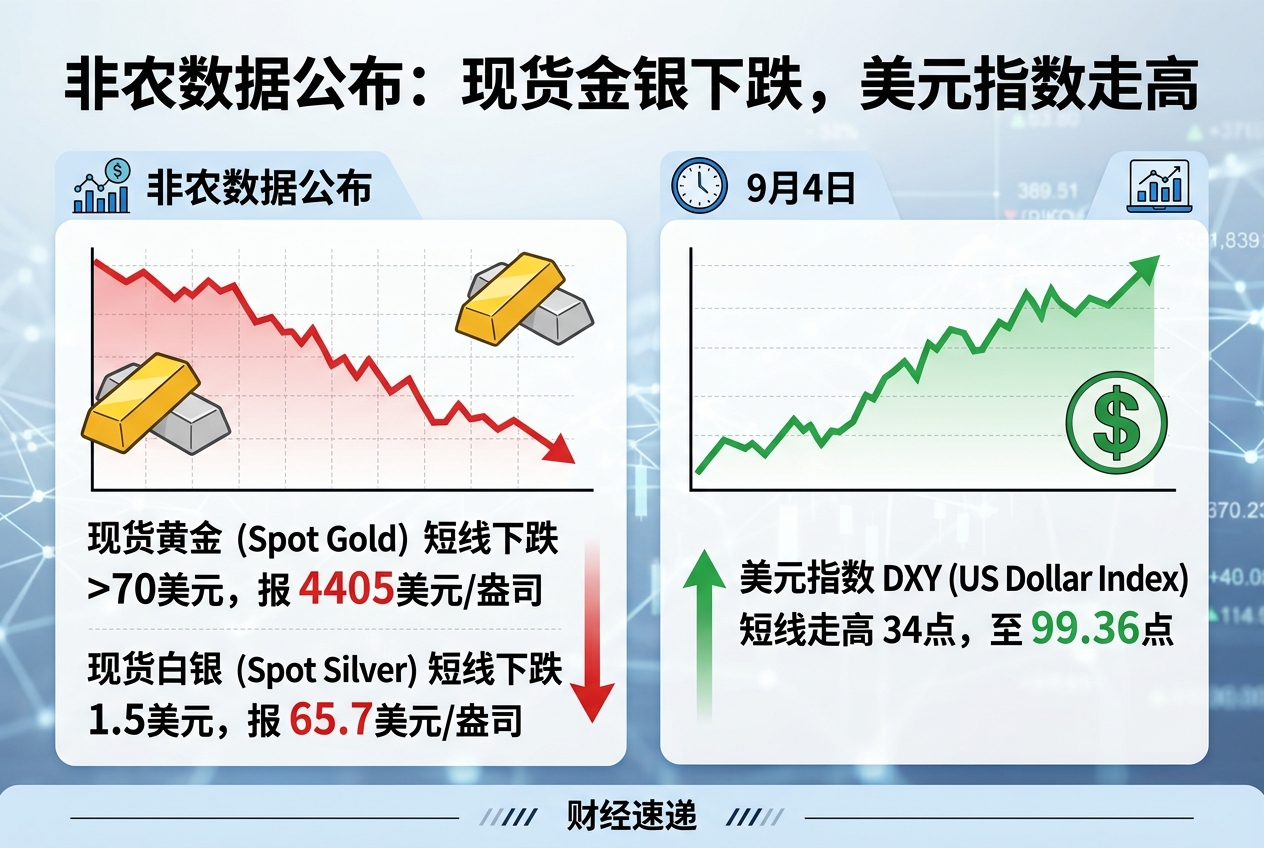 非农数据公布后，现货金银下跌，美元指数走高