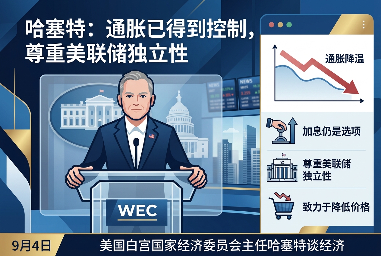 哈塞特：通胀已得到控制，尊重美联储独立性