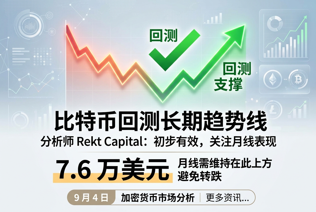 分析师：比特币成功回踩长期下降趋势线，月线仍需维持在 7.6 万美元上方