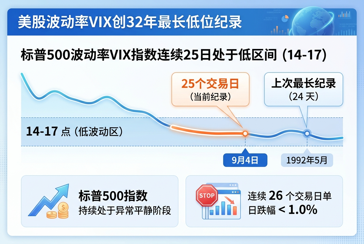 美股低波动状态持续 25 天,创 1992 年 5 月以来最长纪录
