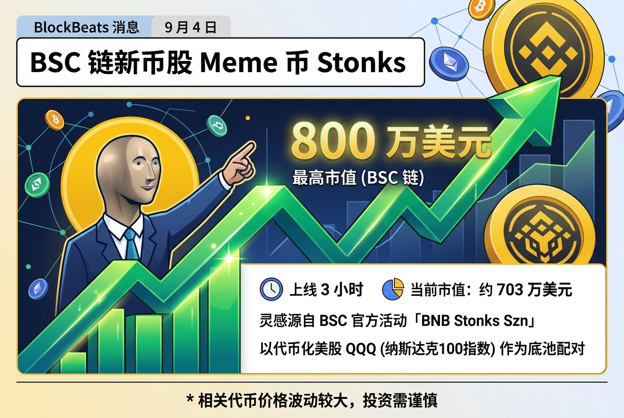 BSC 链新币股 Meme 币 Stonks 上线 3 小时,市值最高触及 800 万美元