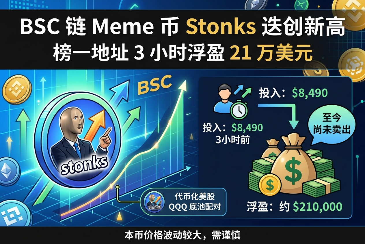 BSC 链 meme 币 Stonks 迭创新高,榜一地址 3 小时浮盈 21 万美元