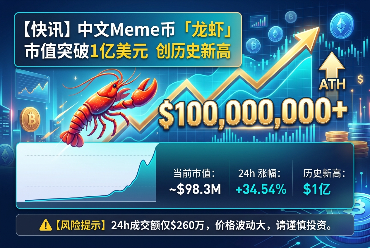 中文 Meme 币「龙虾」短时市值突破 1 亿美元，创历史新高