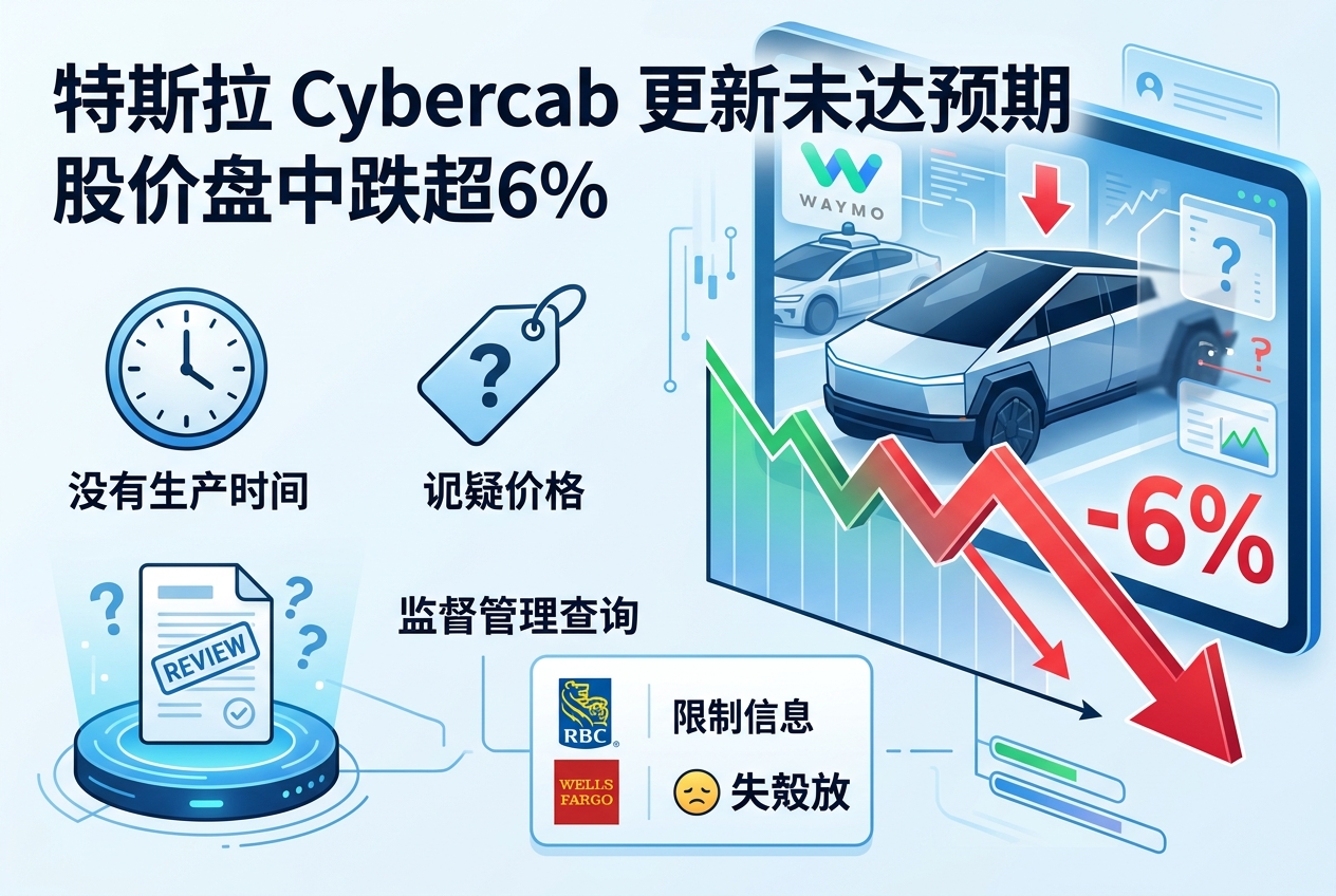 特斯拉 Cybercab 更新未达预期,股价盘中跌超6%