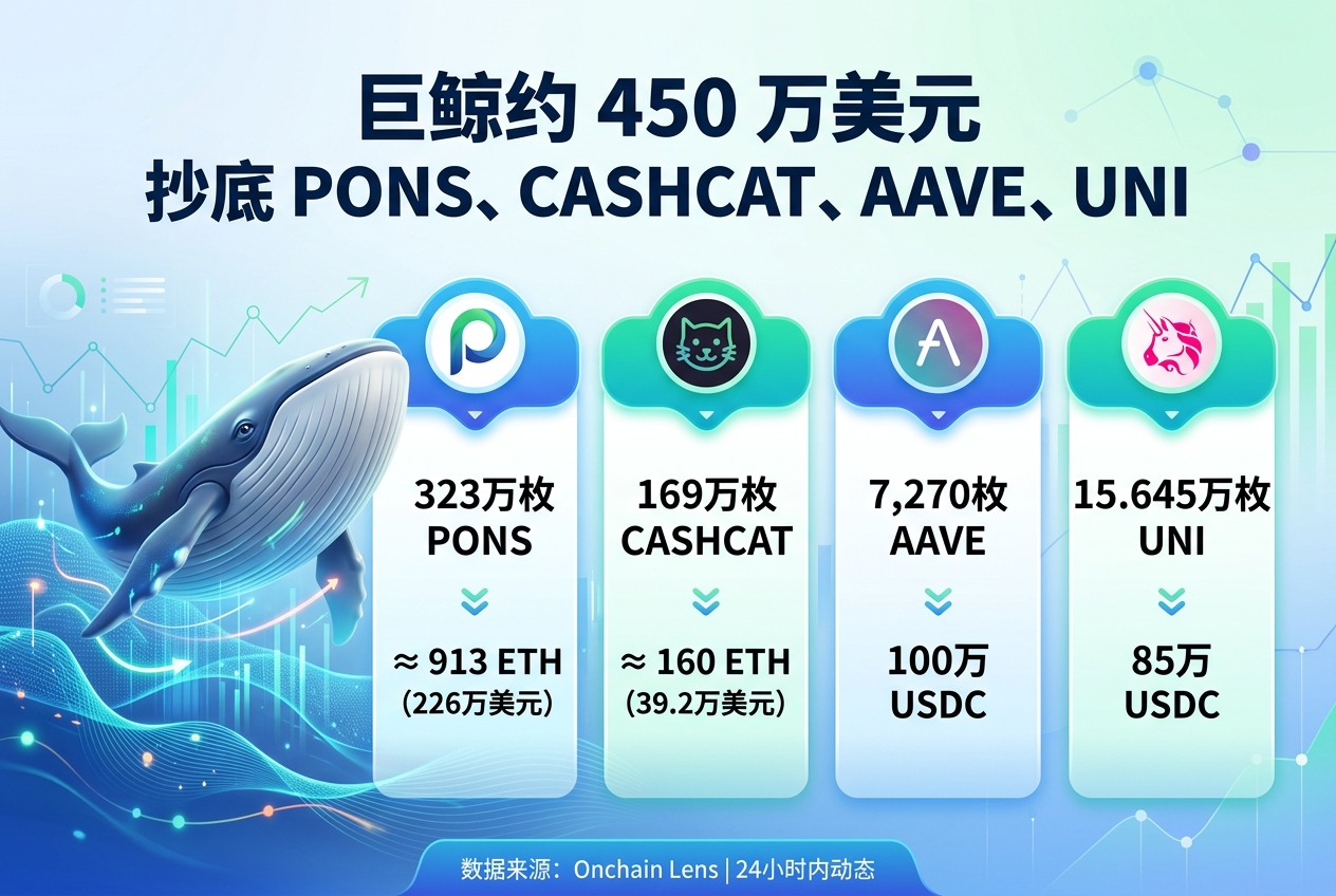 某巨鲸斥资约 450 万美元买入 PONS、CASHCAT、AAVE 和 UNI