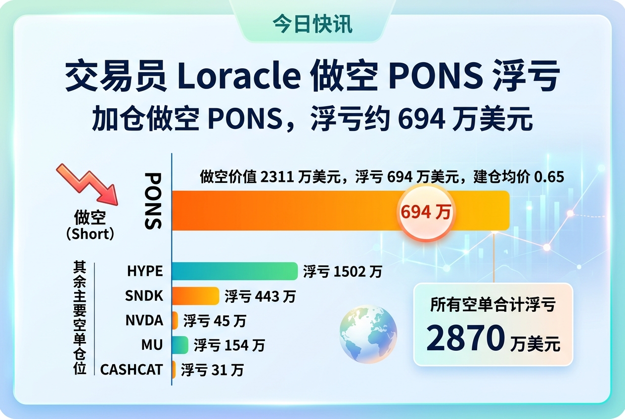 交易员 Loracle 加仓做空 PONS,浮亏约 694 万美元
