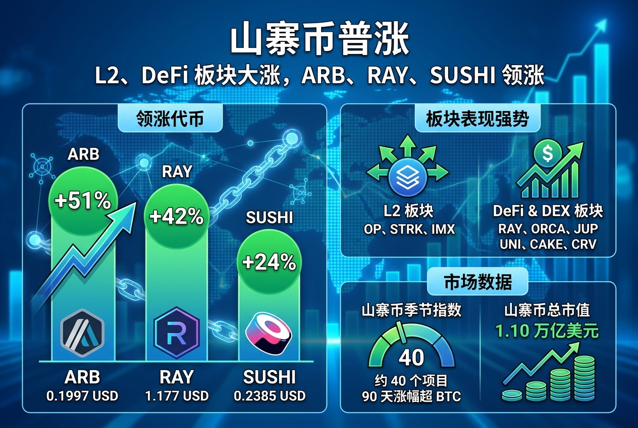 山寨币普涨,L2、DeFi板块大涨,ARB、RAY、SUSHI领涨