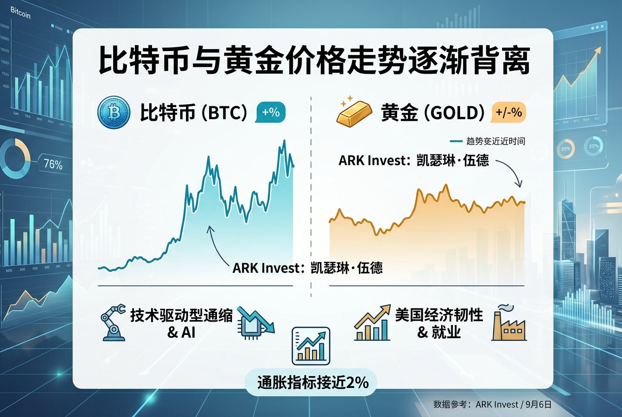 Cathie Wood:比特币正逐渐脱离黄金的价格走势