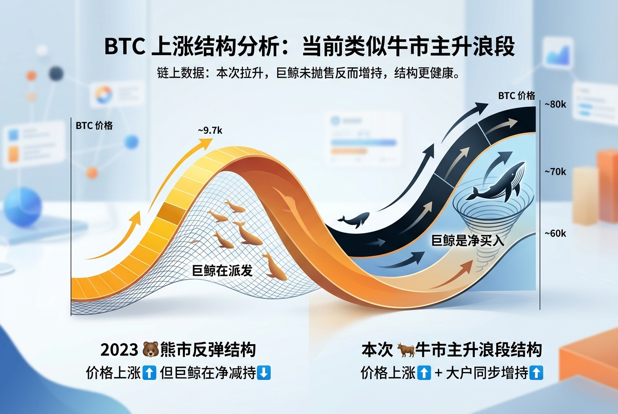 分析:本次 BTC 上涨结构类似牛市主升浪段,巨鲸未趁机抛售