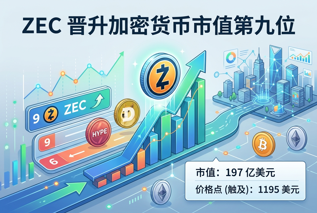 ZEC超越HYPE和DOGE,位列加密货币市值第九位