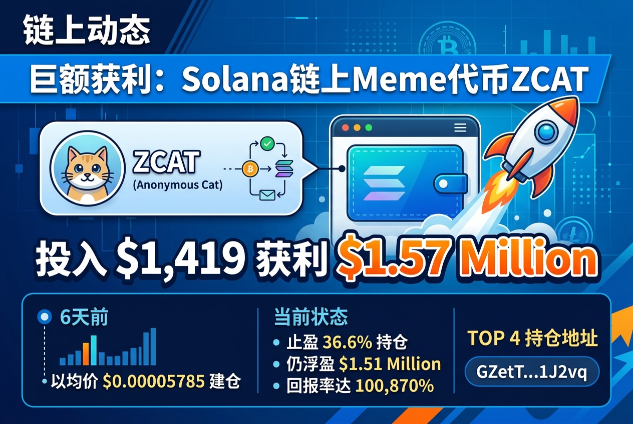 链上侦探:某地址低点埋伏 ZCAT,投入 1419 美元获利 157 万美元